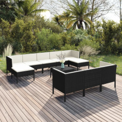 11 Pcs conjunto lounge de jardim c/ almofadões vime PE preto