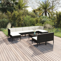 10 Pcs conjunto lounge de jardim c/ almofadões vime PE preto