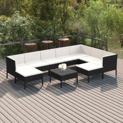 10 Pcs conjunto lounge de jardim c/ almofadões vime PE preto