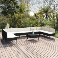 11 Pcs conjunto lounge de jardim c/ almofadões vime PE preto