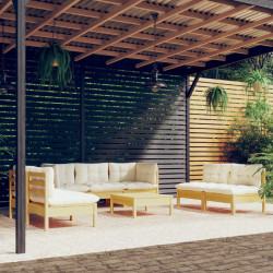 8 Pcs conjunto lounge jardim c/ almofadões creme pinho maciço