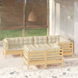 7 Pcs conjunto lounge jardim c/ almofadões creme pinho maciço