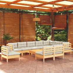 11 Pcs conjunto lounge jardim c/ almofadões creme pinho maciço