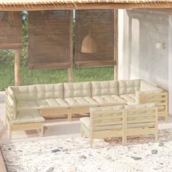 9 Pcs conjunto lounge jardim c/ almofadões creme pinho maciço