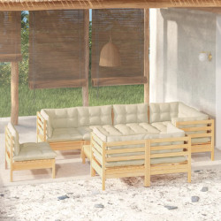 9 Pcs conjunto lounge jardim c/ almofadões creme pinho maciço