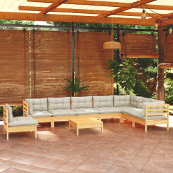 9 Pcs conjunto lounge jardim c/ almofadões creme pinho maciço