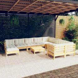 11 Pcs conjunto lounge de jardim c/ almofadões cor creme pinho