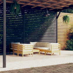 8 Pcs conjunto lounge jardim c/ almofadões creme pinho maciço