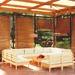 12 Pcs conjunto lounge jardim c/ almofadões creme pinho maciço