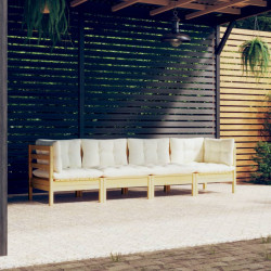 4 Pcs conjunto lounge jardim c/ almofadões creme pinho maciço