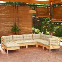 7 Pcs conjunto lounge jardim c/ almofadões creme pinho maciço