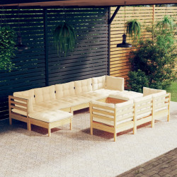 10 Pcs conjunto lounge jardim c/ almofadões creme pinho maciço