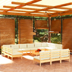 14 Pcs conjunto lounge jardim c/ almofadões creme pinho maciço