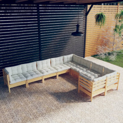 9 Pcs conjunto lounge de jardim c/ almofadões cor creme pinho