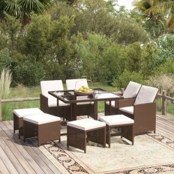 9 Pcs conjunto jantar p/ jardim c/ almofadões vime PE castanho