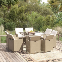 9 Pcs conjunto de jantar p/ jardim com almofadões vime PE bege