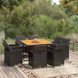 9 Pcs conjunto de jantar p/ jardim c/ almofadões vime PE preto