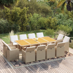 13 Pcs conjunto jantar p/ jardim c/ almofadões vime PE bege