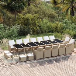 19 Pcs conjunto jantar p/ jardim c/ almofadões vime PE bege