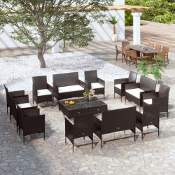 16 Pcs conjunto lounge de jardim c/ almofadões vime PE preto