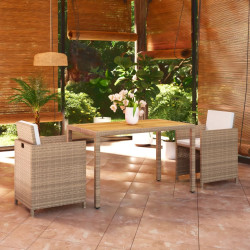 3 Pcs conjunto jantar p/ jardim c/ almofadões vime PE bege