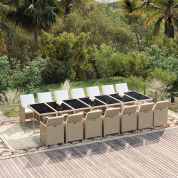 15 Pcs conjunto jantar p/ jardim c/ almofadões vime PE bege