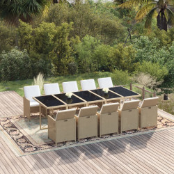 11 Pcs conjunto jantar p/ jardim c/ almofadões vime PE bege