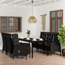 7 Pcs conjunto de jantar para jardim com almofadões preto