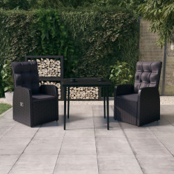 3 Pcs conjunto de jantar para jardim com almofadões preto