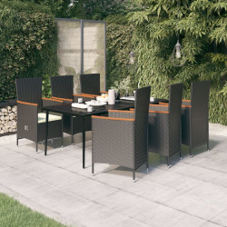 7 Pcs conjunto de jantar para jardim com almofadões preto