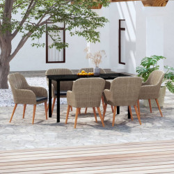 7 Pcs conjunto de jantar para jardim com almofadões castanho