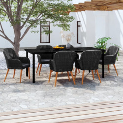 7 Pcs conjunto de jantar para jardim com almofadões preto