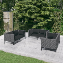 6 Pcs conj. lounge jardim c/ almofadões vime PE cinzento-escuro