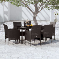 7 Pcs conjunto de jantar para jardim com almofadões preto