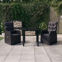 3 Pcs conjunto de jantar para jardim com almofadões preto