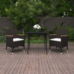 3 Pcs conjunto de jantar p/ jardim c/ almofadões vime PE/vidro