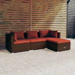 4 Pcs conjunto lounge jardim c/ almofadões vime PE castanho