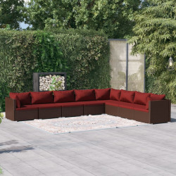 8 Pcs conjunto lounge jardim c/ almofadões vime PE castanho