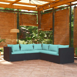 5 Pcs conjunto lounge de jardim c/ almofadões vime PE preto