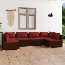 6 Pcs conjunto lounge jardim c/ almofadões vime PE castanho