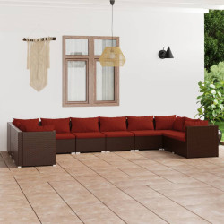 10 Pcs conjunto lounge jardim c/ almofadões vime PE castanho