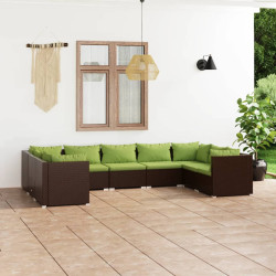 9 Pcs conjunto lounge de jardim c/ almofadões vime PE castanho