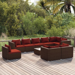 10 Pcs conjunto lounge de jardim c/ almofadões vime PE castanho