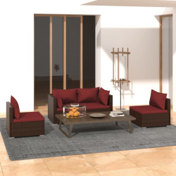 4 Pcs conjunto lounge jardim c/ almofadões vime PE castanho