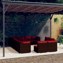 12 Pcs conjunto lounge de jardim c/ almofadões vime PE castanho