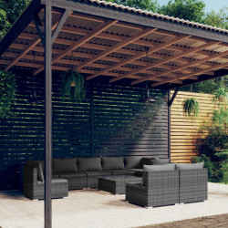 10 Pcs conjunto lounge de jardim c/ almofadões vime PE cinzento