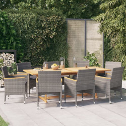 9 Pcs conjunto de jantar para jardim com almofadões cinzento