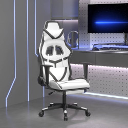 Cadeira gaming massagens c/ apoio pés couro artif. branco/preto
