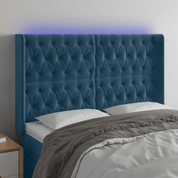 Cabeceira cama c/ luzes LED veludo 147x16x118/128cm azul-escuro