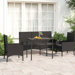 4 Pcs conjunto lounge de jardim c/ almofadões vime PE preto